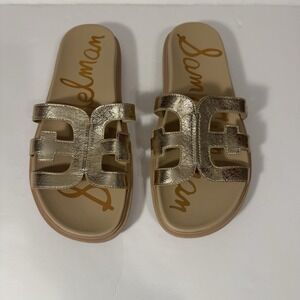 Sam Edelman Valeri Gold Metallic Leather Logo Slide Sandals Women 11W